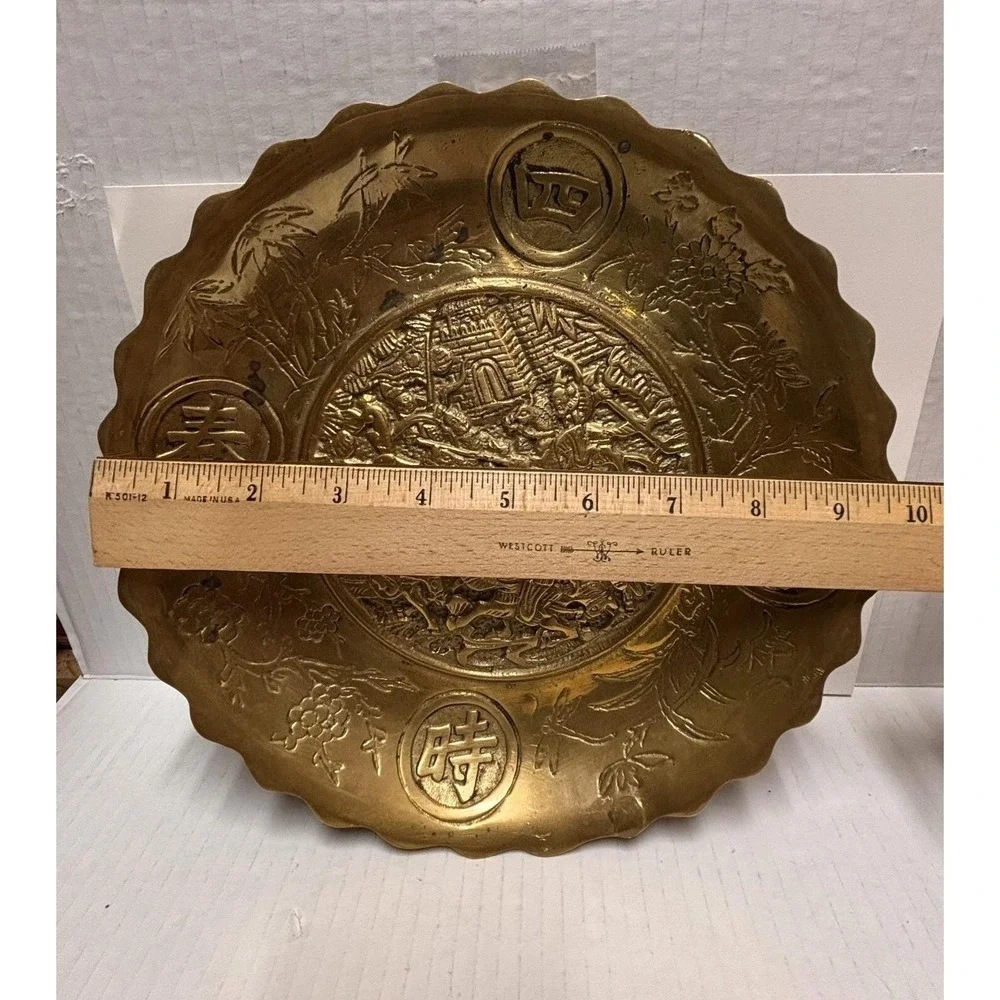 Plate Tray Hand Engraved Etched Decor Brass Scalloped Edge Vintage Chinese Heavy